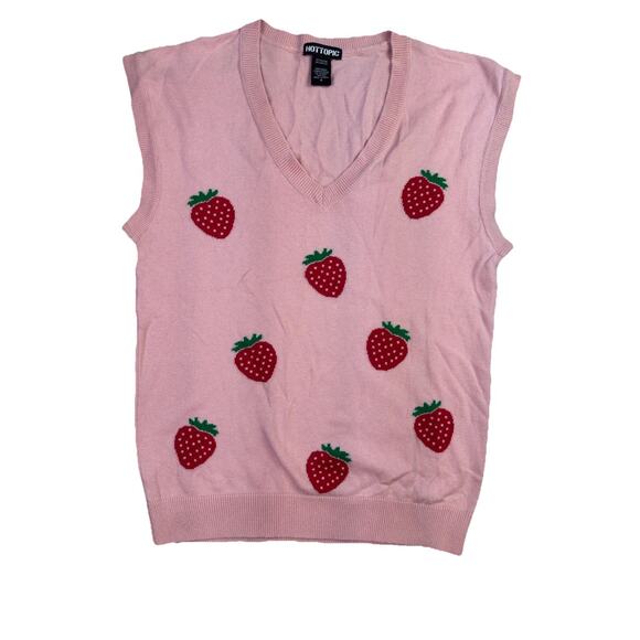 Womens Hot Topic Pink Strawberry Sweater Vest Small Preppy Academia Y2K Clueless - Picture 3 of 9